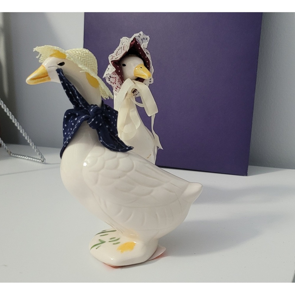 Country Ceramic Geese Figurines: Mr. and‎ Mrs. Bonnet Set